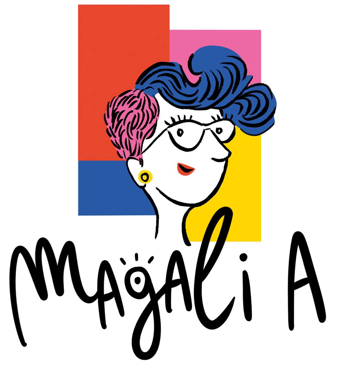 logo Atelier Magali A illustration graphisme traduction en image couleurs portrait dessiné traits noirs encre couleurs vectorielles rouge rose jaune bleu noir illustratrice designer graphique créatrice artiste graphique création graphique communication visuelle graphique atelier de création en design graphique global