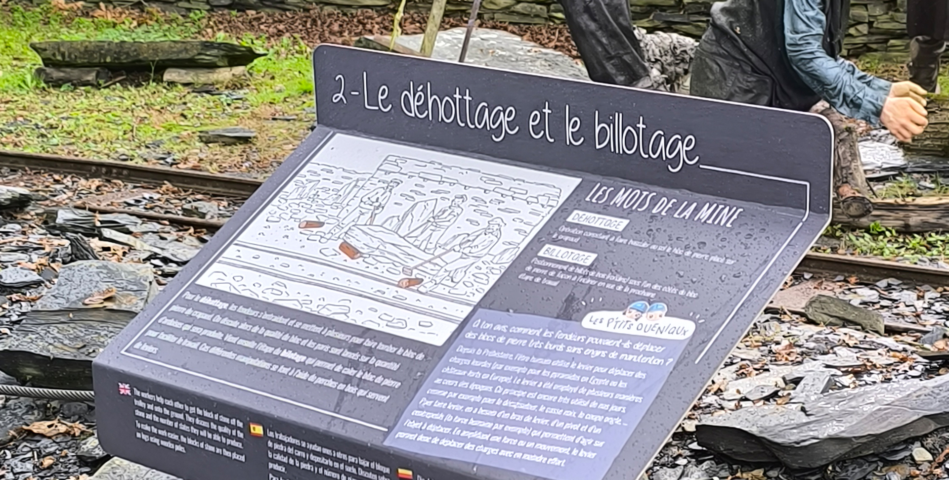 panneau pédagogique parcours La Butte des Perreyeux La Mine Bleue parc touristique mine d'ardoises histoire patrimoine culturel et historique ardoise illustration personnages animal ardoise époque début XXème siècle passion ardoise graphisme mise en page principe graphique design graphique trait noir plume encre de Chine Atelier Magali A illustratrice designer graphique directrice artistique artiste créatrice graphique La Boissière-sur-Èvre Angers Cholet Nantes Les Mauges