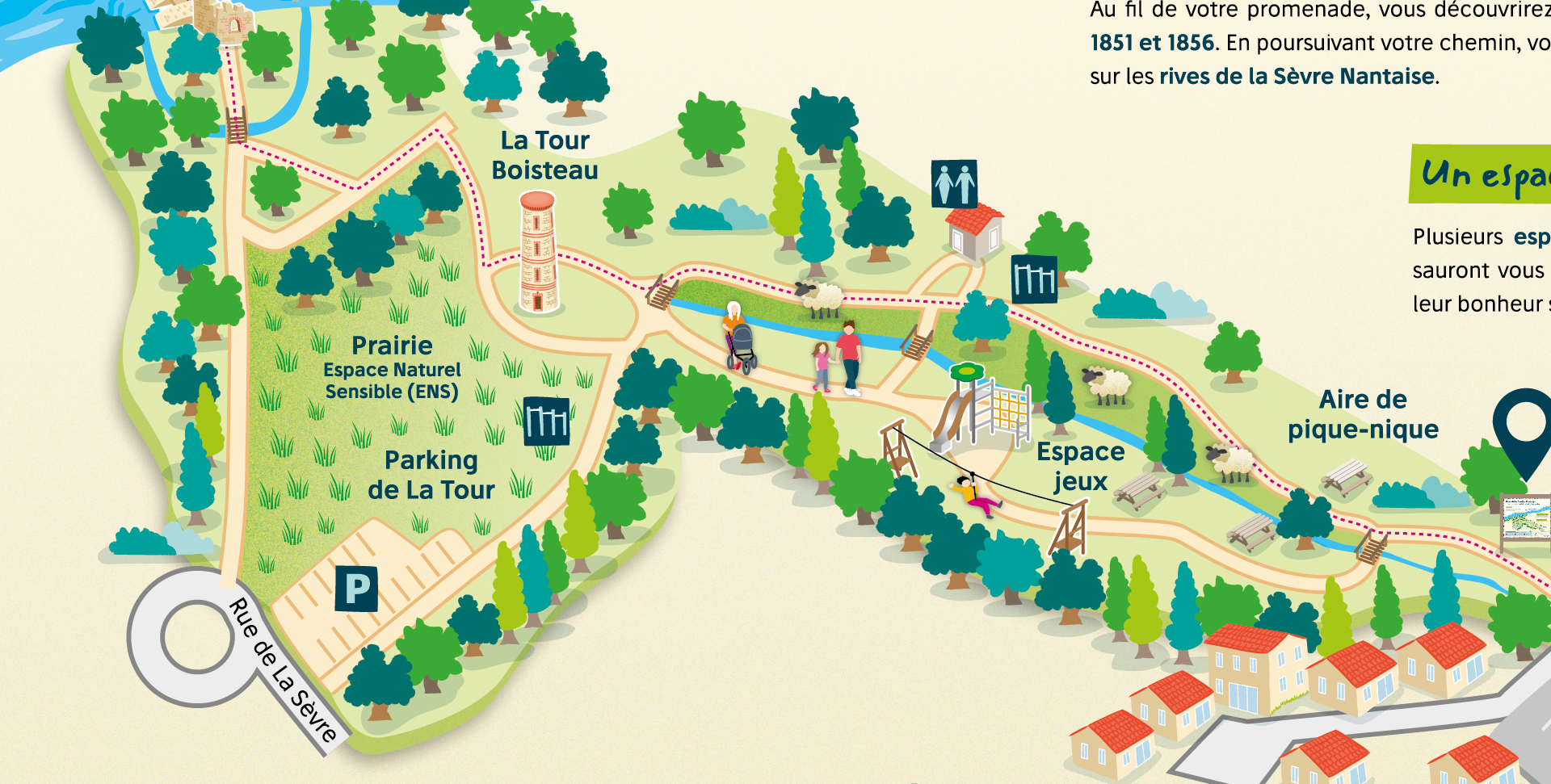 panneau d'entrée de parc naturel plan cartographie illustrée pictogrammes illustrés sentiers aire de jeux éco-pâturage illustration graphisme design graphique mise en page Parc de La Coulée Verte collectivité Mairie de Gorges Loire-Atlantique charte graphique espaces verts Atelier Magali A La Boissière-sur-Èvre Angers Cholet Nantes Les Mauges